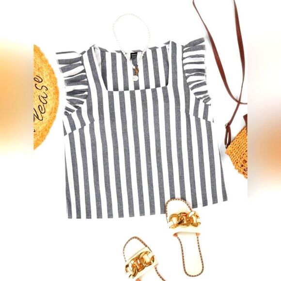 SHEIN Blue Striped Print Ruffle Trim Square Neck Blouse NWOT XL 7 0290 - Picture 1 of 6